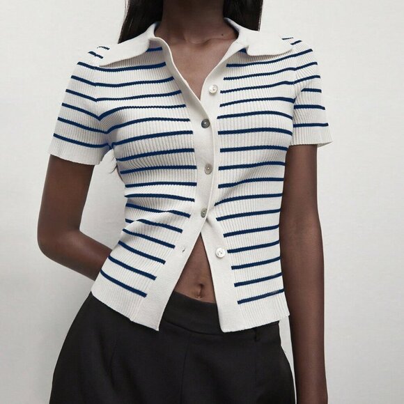 Multicolor Women's Button-Up Striped Knit Sweater - Picture 2 of 7